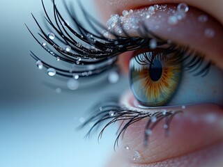 Close-up of a human eye with vibrant colors and water droplets, showcasing beauty and detail