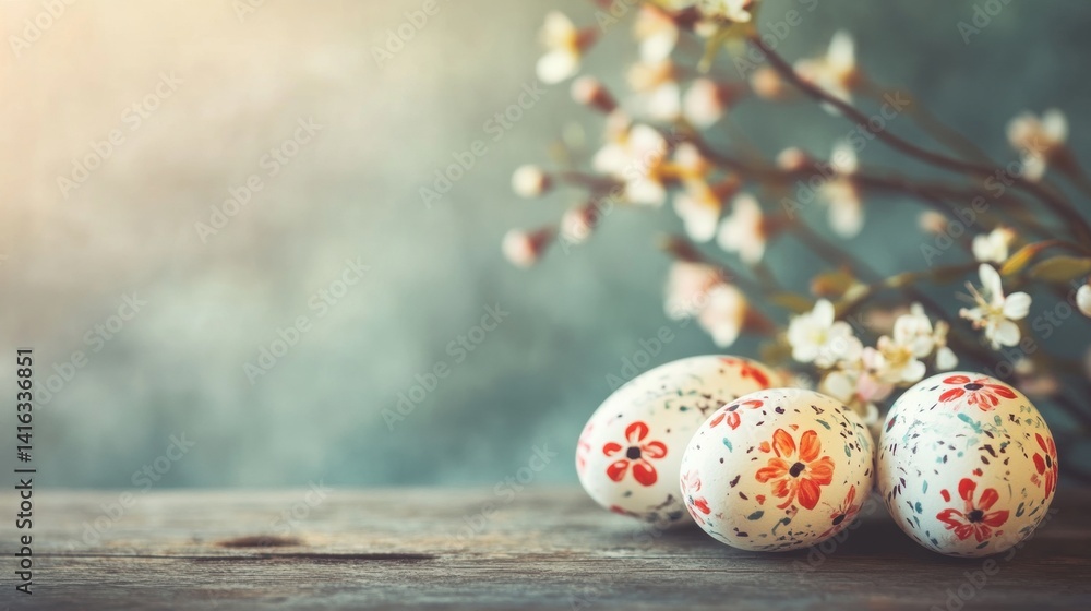 Poster colorful eggs adorned with floral patterns rest on a rustic wooden table, complemented by delicate f