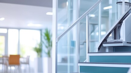 Obraz premium Accessible stairway lift mobility aid for disability access modern staircase with chair lift inclusive design for people with disabilities barrier free building interior 