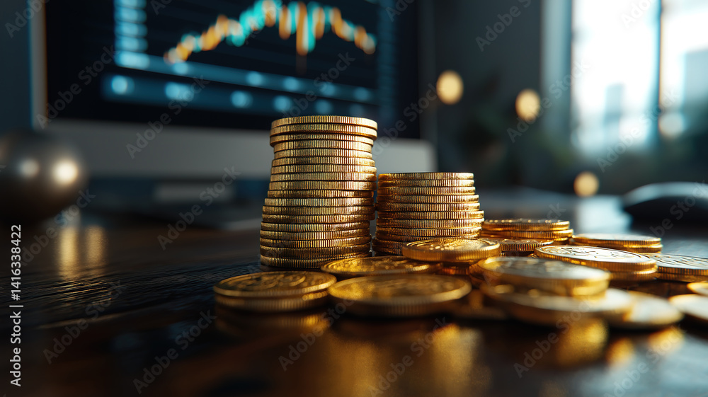 Aufkleber stacks of gold coins on a wooden table with a computer showing a financial chart