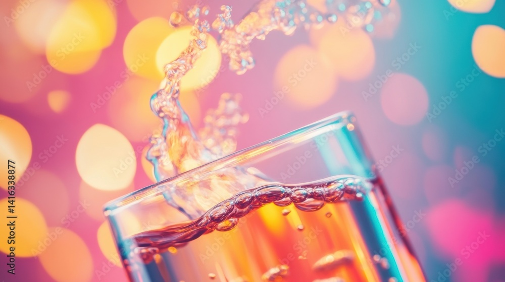 Aufkleber liquid cascades into a transparent glass, creating dynamic splashes and mesmerizing bubbles against 