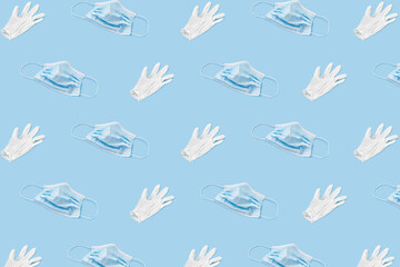 Protective Masks and Gloves Pattern on Blue Background