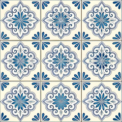 Portuguese azulejo ceramic tile pattern seamless, featuring intricate, colorful designs with traditional blue and white motifs, perfect for vintage or Mediterranean-inspired decor.