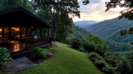 Fototapeta premium Secluded mountain cabin peaceful valley sunset view rustic wooden house nature escape
