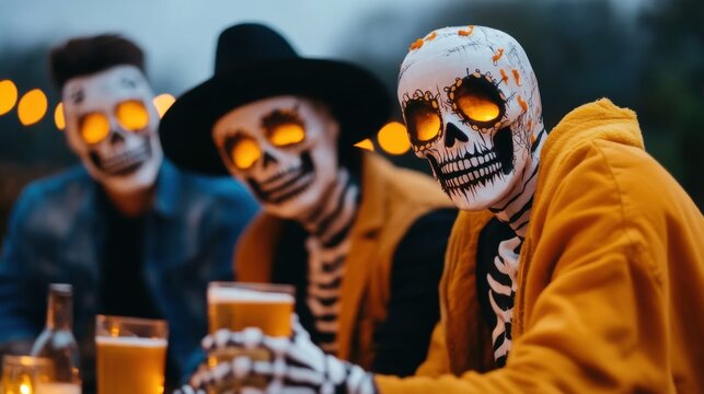 Friends dressed as skeletons enjoy drinks by twilight, celebrating life in a vibrant, lively atmosphere filled with joy