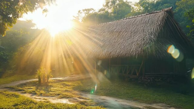 A hut with a thatched roof sits in a field with a bright sun shining on it. The hut is surrounded by grass and trees, creating a peaceful and serene atmosphere