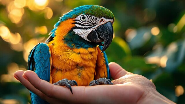 A Blue-and-gold Macaw Perched Gently on a Human Hand,  Bathed in Golden Sunlight, Amidst Lush Greenery.
