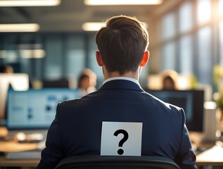 Rear view of unknown employee with question mark on chair, representing confusion, recruitment, HR challenges, or mystery figure in a professional workspace


