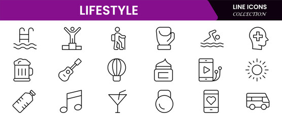 Lifestyle icon set. Containing healthy lifestyle, diet, exercise, sleep, relationships, running, routine, self-care, culture and hobbies icons.