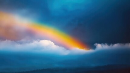 Fototapeta premium A stunning rainbow arcs across the sky, contrasting with dark storm clouds, creating a vibrant display at twilight