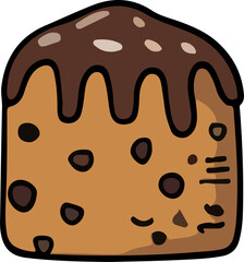 A simple, flat illustration of a square chocolate chip cookie with melted chocolate drizzle and extra chips on top. Sweet treat design.