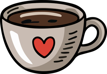 A simple, flat illustration of a grey mug filled with dark brown coffee, featuring a red heart on the side and rising steam lines.