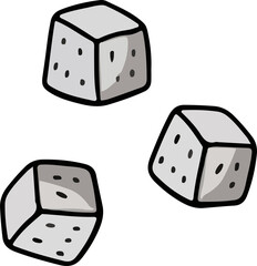 A simple, flat illustration of three white dice with black dots showing different numbers. Game and chance concept.