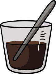 A simple, flat illustration of a clear glass filled with dark brown liquid and a grey spoon inside. Could represent coffee, tea, or another beverage.