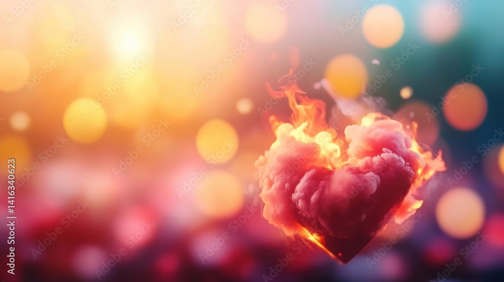 Aufkleber smoke and flames form a heart shape against a vibrant background with colorful bokeh, creating a rom