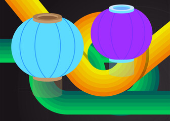 Retro 70s Background with Chinese lantern. Groovy Traditional 1970s art template. Minimalistic Vintage design poster. Old-fashioned color artwork.