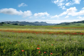A view of a field with wildflowers and distant mountains under a cloudy blue sky during daytime hours