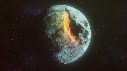 Obraz premium Fractured moon, glowing core, space, cosmic background