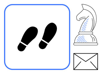 Footprints, chess knight, and envelope represent strategy, decision-making, movement, and communication. Ideal for planning, strategy messaging problem-solving teamwork progress navigation. Flat