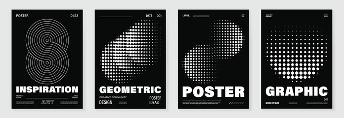 Abstract monochrome poster background vector set. Modern cover template with black and white perspective geometric prism shape, halftone dot, line. Ideal design for social media, banner, ads.