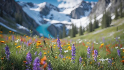 Fototapeta premium Wildflower Meadow with Snowy Mountains and Turquoise Lake View