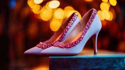 Dazzling pink high heels adorned with gems are displayed prominently, creating a striking visual against a vibrant bokeh background
