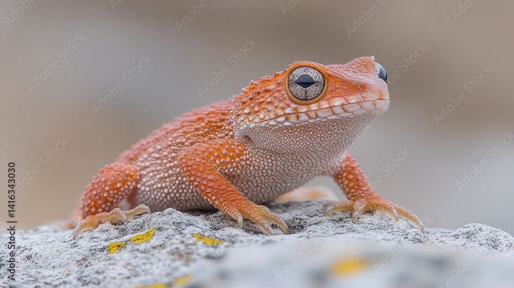 Poster close-up shot captures the distinctive texture and vibrant color of a small frog perched on a textur