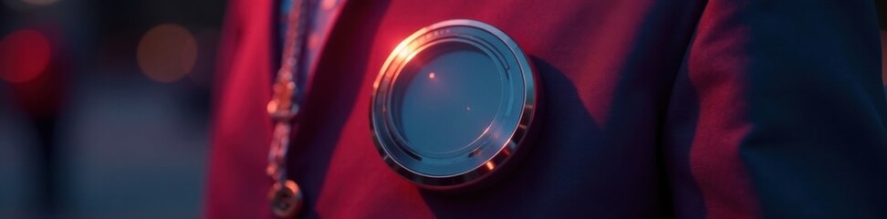 Simple circular pin badge with a metallic finish and a small LED light on the front , circular, metal, LED light