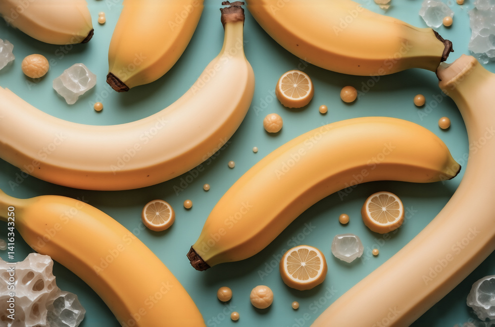 Poster Vibrant yellow bananas and lemon slices arranged on a teal background with ice cubes and small yellow spheres. A visually appealing, refreshing composition.