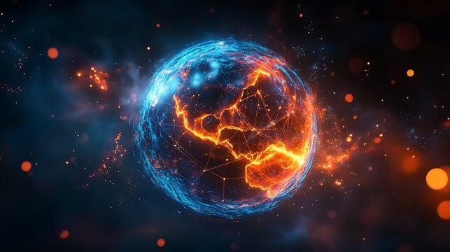 Fiery Globe Symbolizing Global Warming, A fiery globe with glowing continents, symbolizing global warming