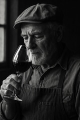 Retrato em preto e branco de idoso cheirando taça de vinho tinto com expressão contemplativa