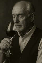 Retrato em preto e branco de idoso cheirando taça de vinho tinto com expressão contemplativa