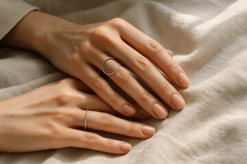 Close-up de m&atilde;os femininas com an&eacute;is de prata sobre linho claro, estilo minimalista e elegante