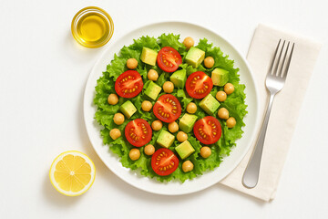 Salada fresca com alface, abacate, grão-de-bico e tomate cereja em fundo branco