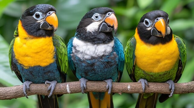 Vibrant avians trio, a trio of striking caiques perched on limb, their plumage creating a visual symphony of exotic parrot color and feather texture