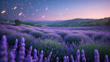 Naklejka premium Lavender field at dusk with distant hills and falling stars