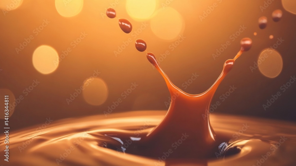 Poster splendid caramel droplets create a dynamic splash in a dessert setting, showcasing an artistic blend