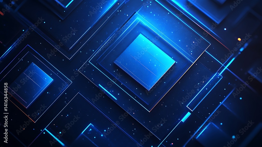 Poster glowing blue geometric abstract pattern, abstract geometric pattern with glowing blue squares and li