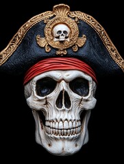 Ornate Pirate Skull Wearing Classic Hat with Gold Emblem and Red Bandana Details