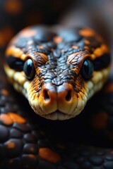 Fototapeta premium Snake's face in close-up, focusing on scales and pupils, reptiles, snake species, blue snake