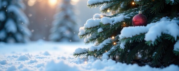 Snow-covered Christmas tree branches on ground, forest scenery, snowflakes falling, winter wonderland