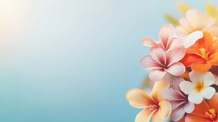 Naklejka premium A vibrant mix of tropical flowers showcases hues of orange, pink, and white, arranged artistically on a calming blue backdrop, evoking warmth