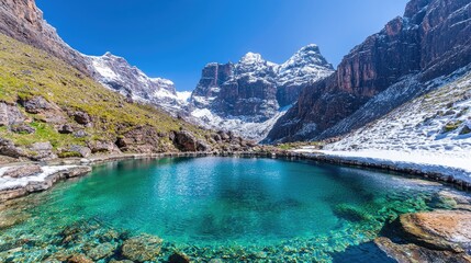 Serene mountain lake panoramic view stunning turquoise water snow capped peaks