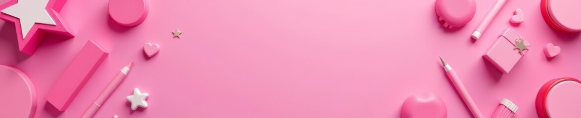 Assorted pink stationery items neatly arranged on a vibrant colored backdrop, school, organization, aesthetic