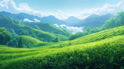 Fototapeta premium Lush green tea plantations on rolling hills