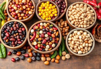 Fototapeta premium Assortment of colorful beans, legumes, and nuts in rustic bowls on wooden surface, organic, colorful