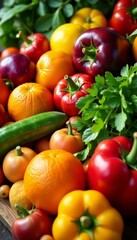 Assortment of colorful fruits and vegetables arranged in a vibrant display , healthy, foods
