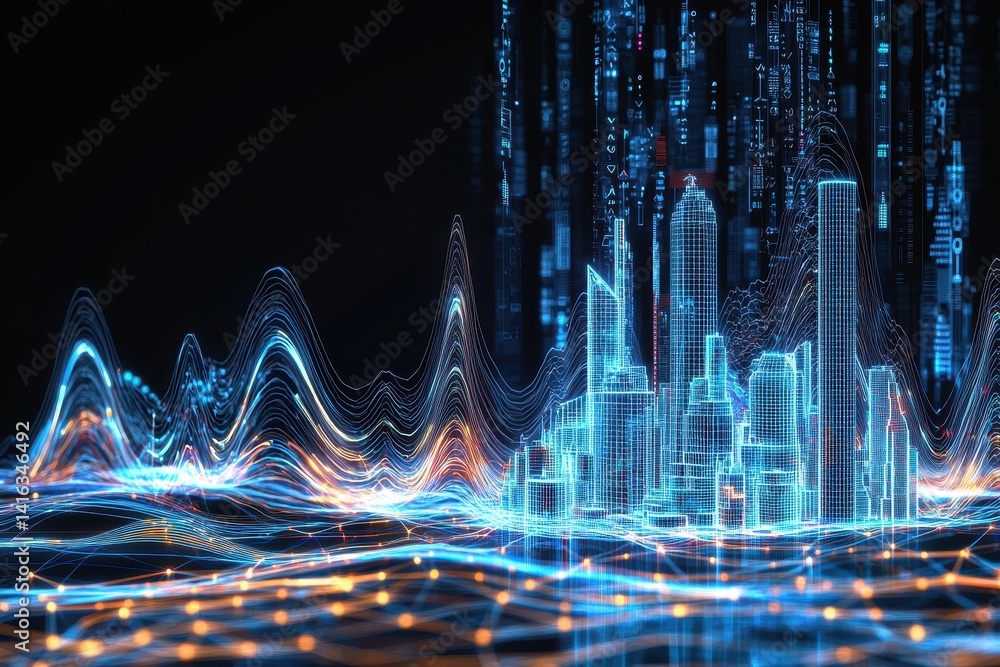 Poster a digital illustration of a futuristic city skyline with glowing data streams and wave patterns, rep