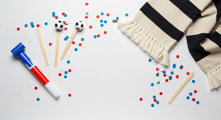 Obraz premium A festive scene featuring soccer-themed decorations and colorful confetti on a white surface.