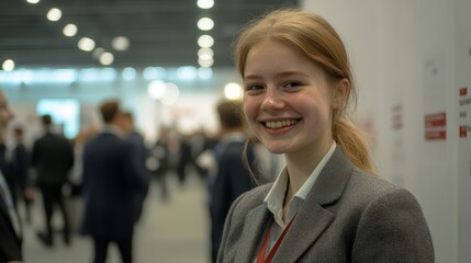Fototapeta premium Young professional smiling at job fair business networking event